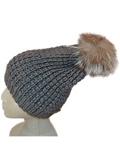 Silver Fox Pom Hat - DKGREY